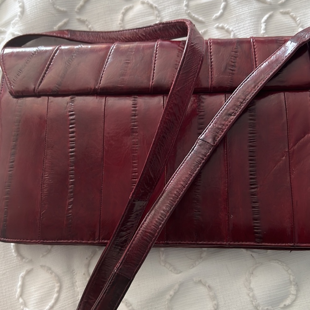 Vintage 70s RARE Eel Skin Leather Maroon Shoulder Bag Purse - Picture 5 of 7